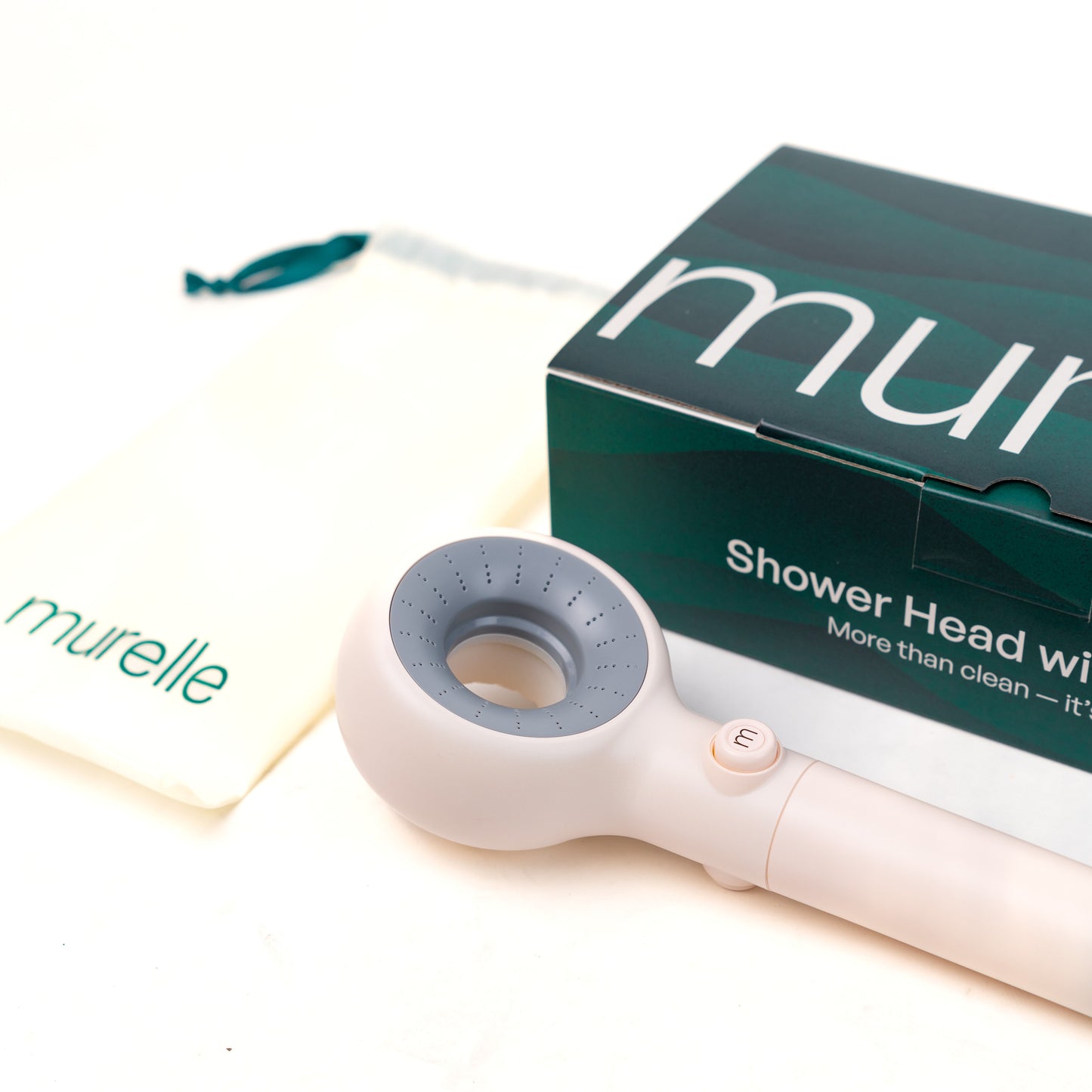 Murelle shower head with packaging on a white background