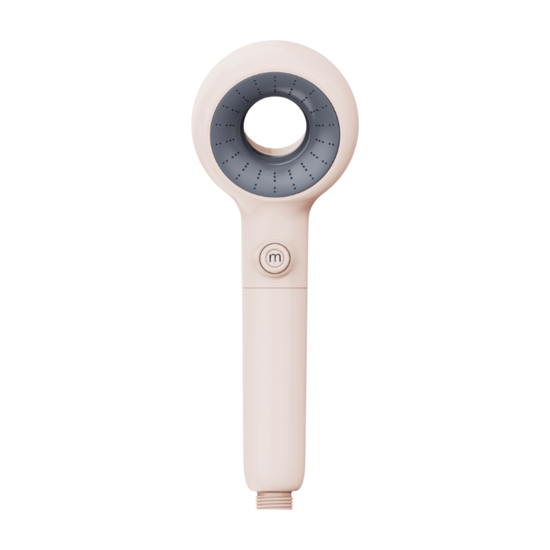Handheld Murelle shower head with beige body and gray nozzle on a white background