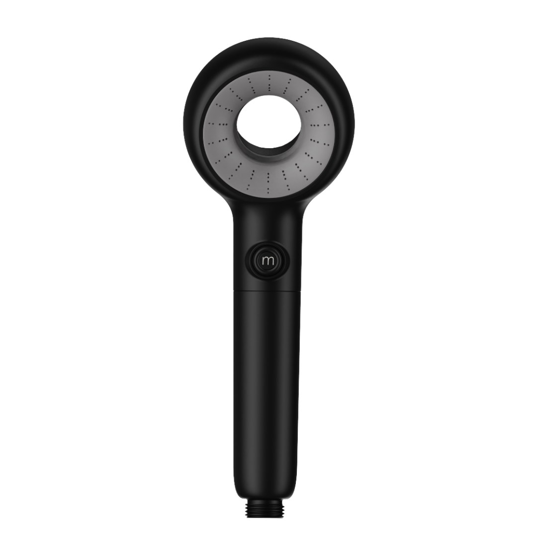 Black handheld shower head on a white background