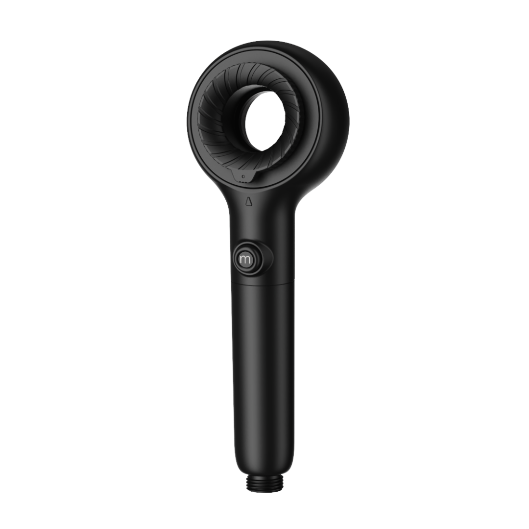 Black handheld shower head on a white background