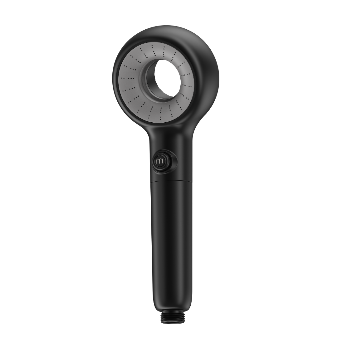 Black handheld shower head on a white background