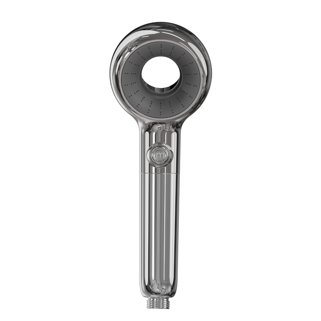 Handheld shower head with clear handle and silver nozzle on a white background