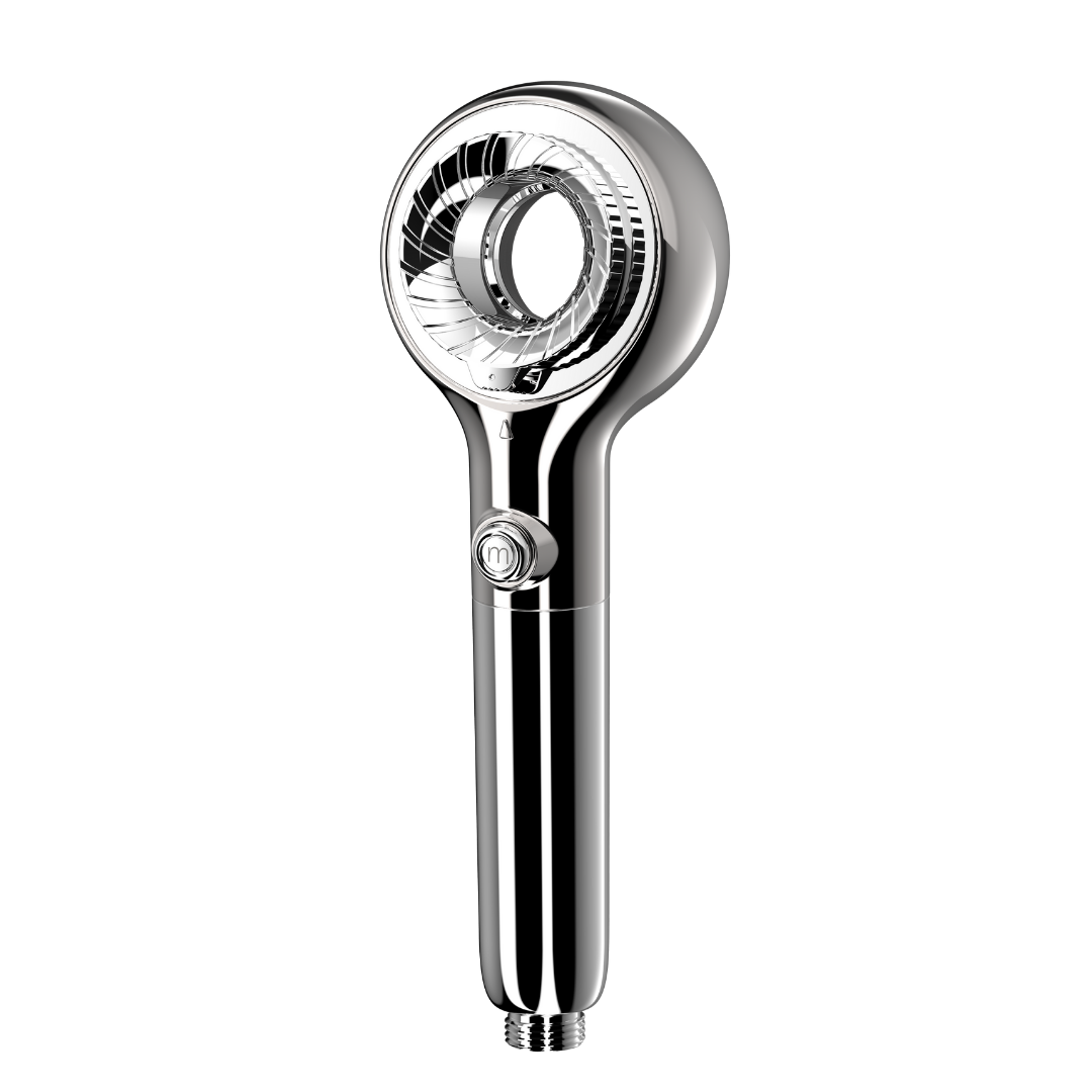 Chrome handheld shower head on a white background