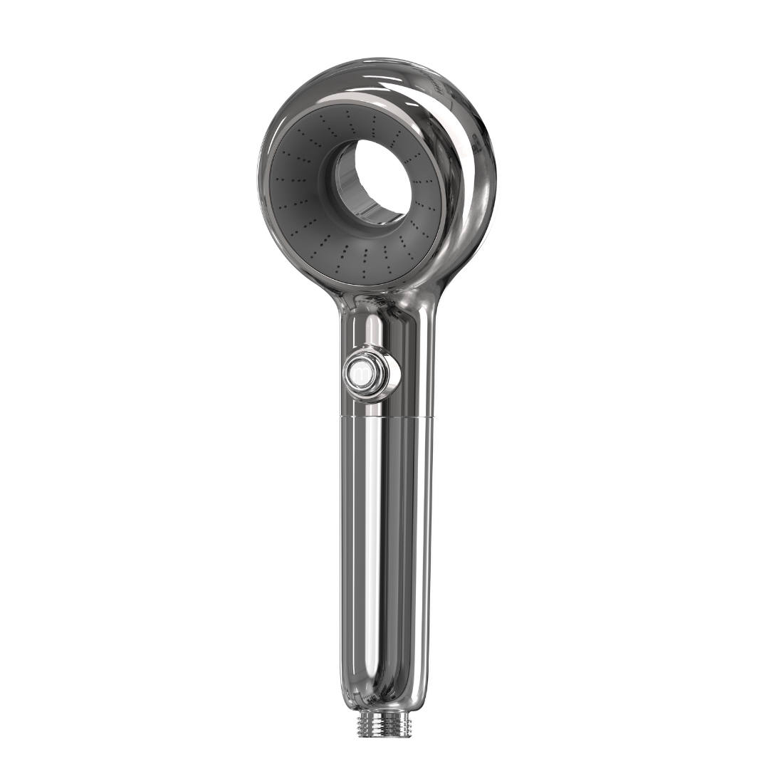 Chrome handheld shower head on a white background
