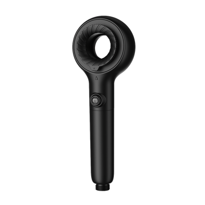 Black handheld shower head on a white background