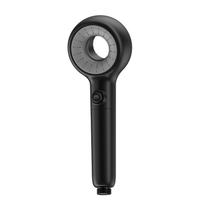 Black handheld shower head on a white background