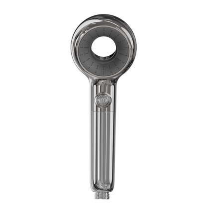 Handheld shower head with clear handle and silver nozzle on a white background