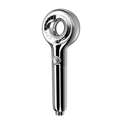 Chrome handheld shower head on a white background